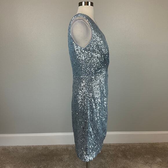 Eliza J Blue Sequined Cocktail Dress Size 16 Sleeveless V-Neck Mini Sheath - Picture 3 of 13